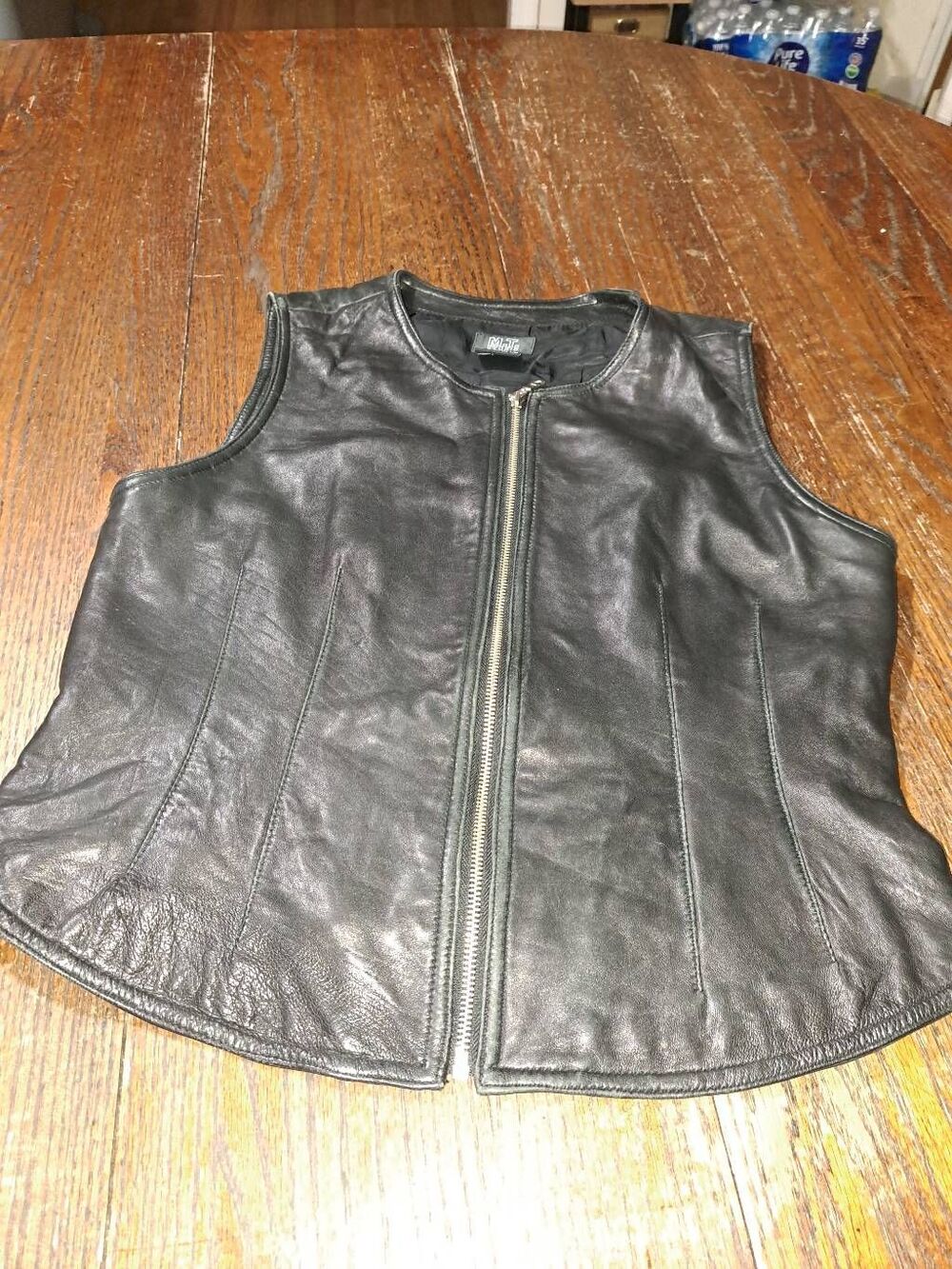 Size 10 M.T. Morgan Taylor Studio Black Leather Sleeveless Zip Vest Shirt Top